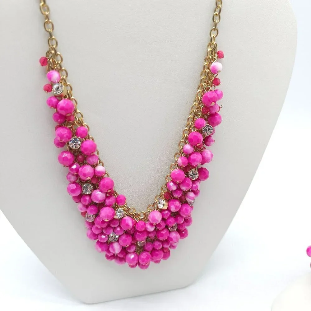 Pink Beaded Necklace Bracelet Jewelry Set Rhinestone Bead Accents Cha Cha